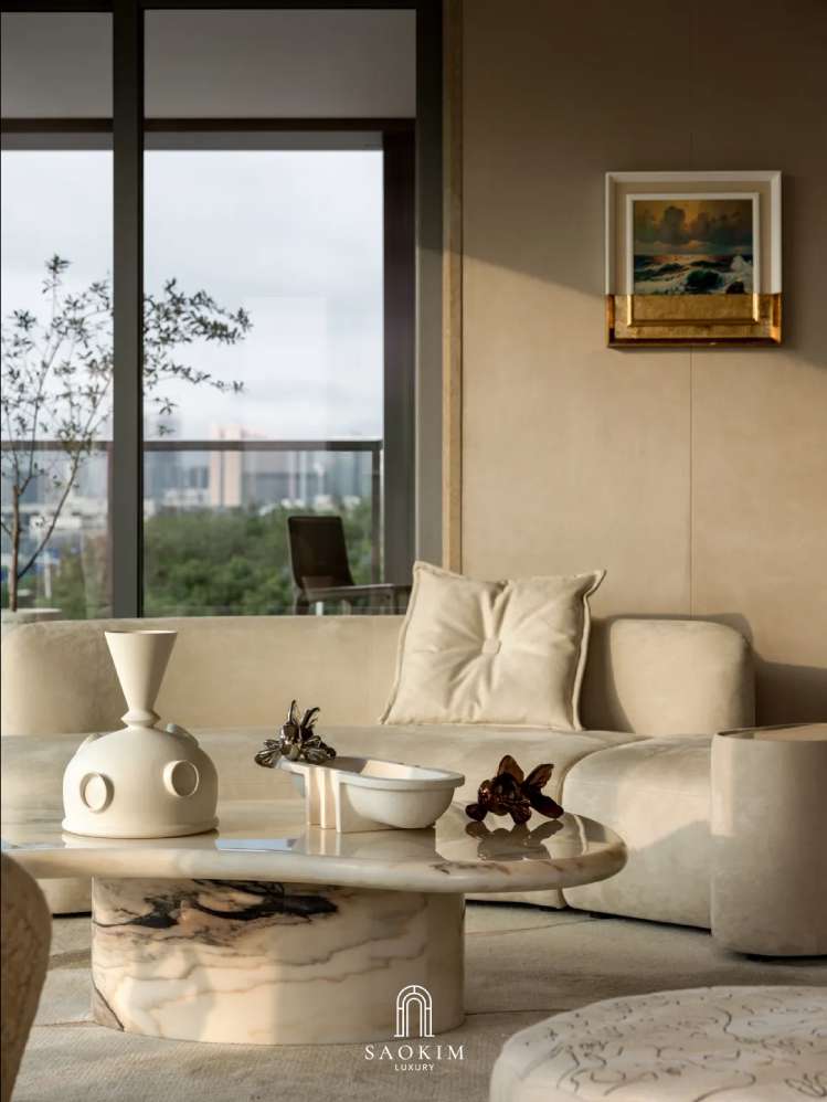 Không gian phòng khách hiện đại trong thiết kế biệt thự phong cách Contemporary Organic Luxury
